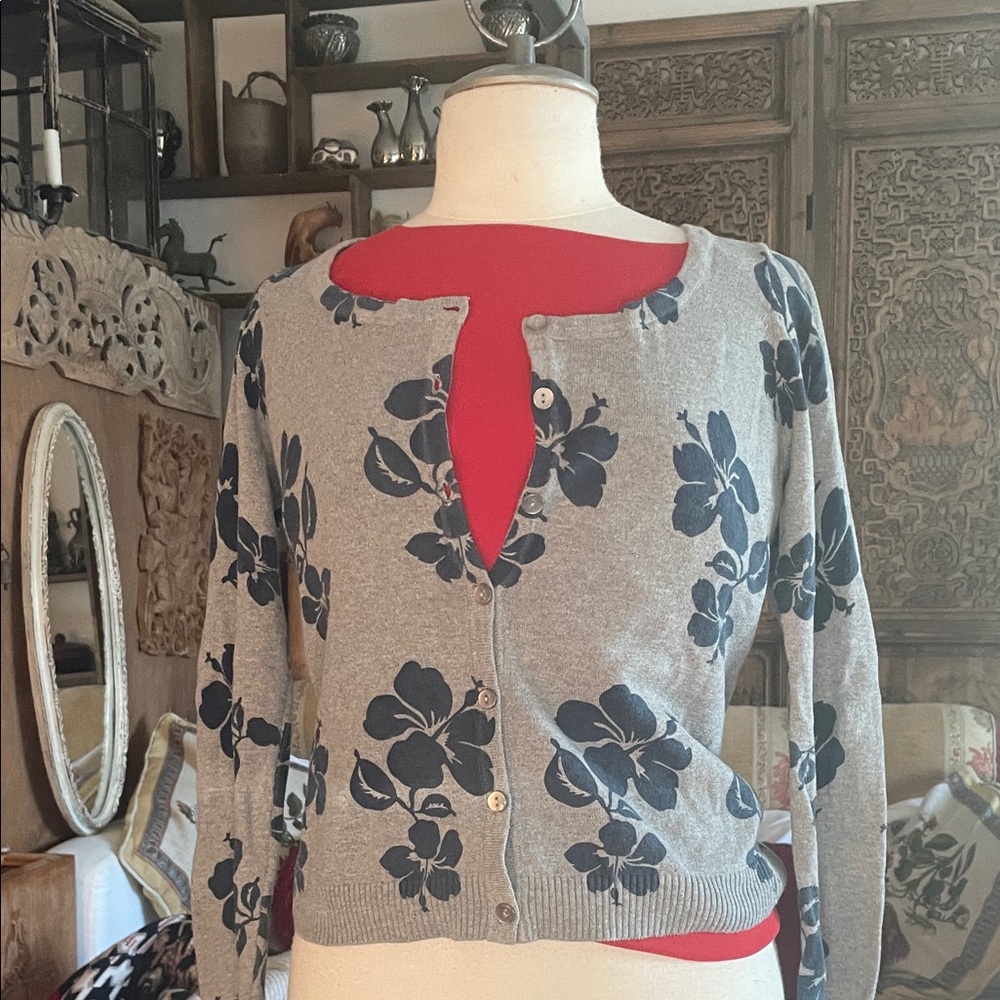 Elegant Floral Gray and Navy Women's Cardigan